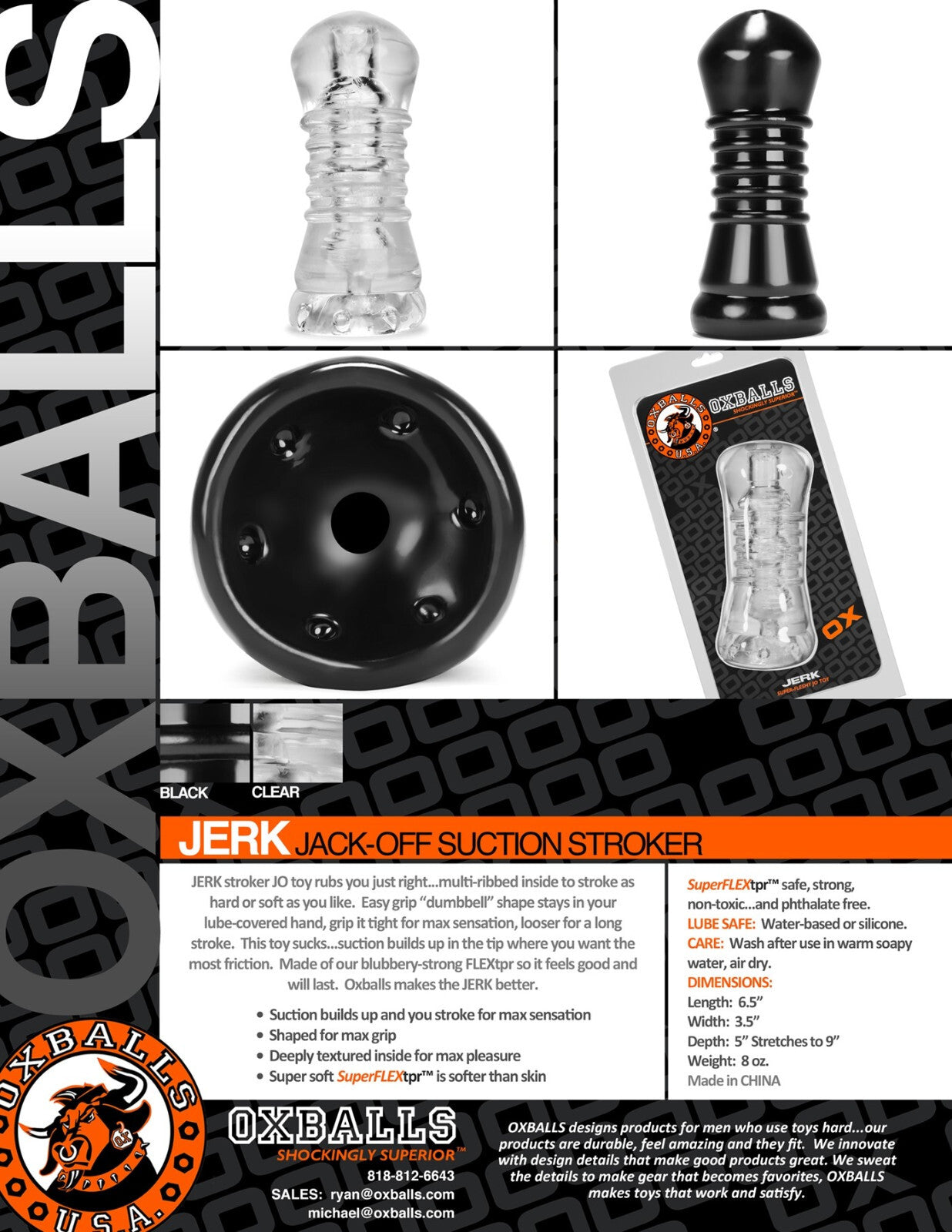 Advertisement for OXBALLS jerk jack-off suction stroker with product images and packaging.