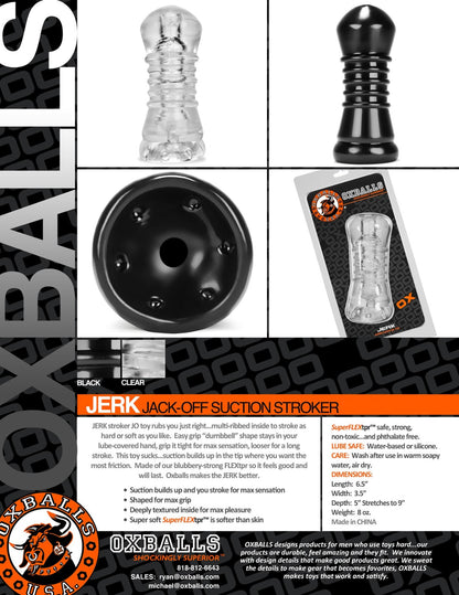 Advertisement for OXBALLS jerk jack-off suction stroker with product images and packaging.