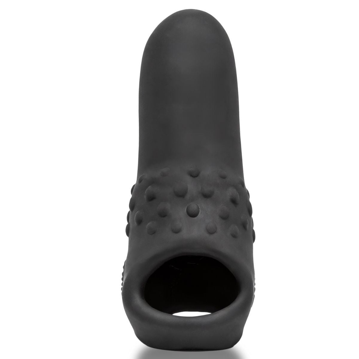 Black silicone penis extension with texture on a white background