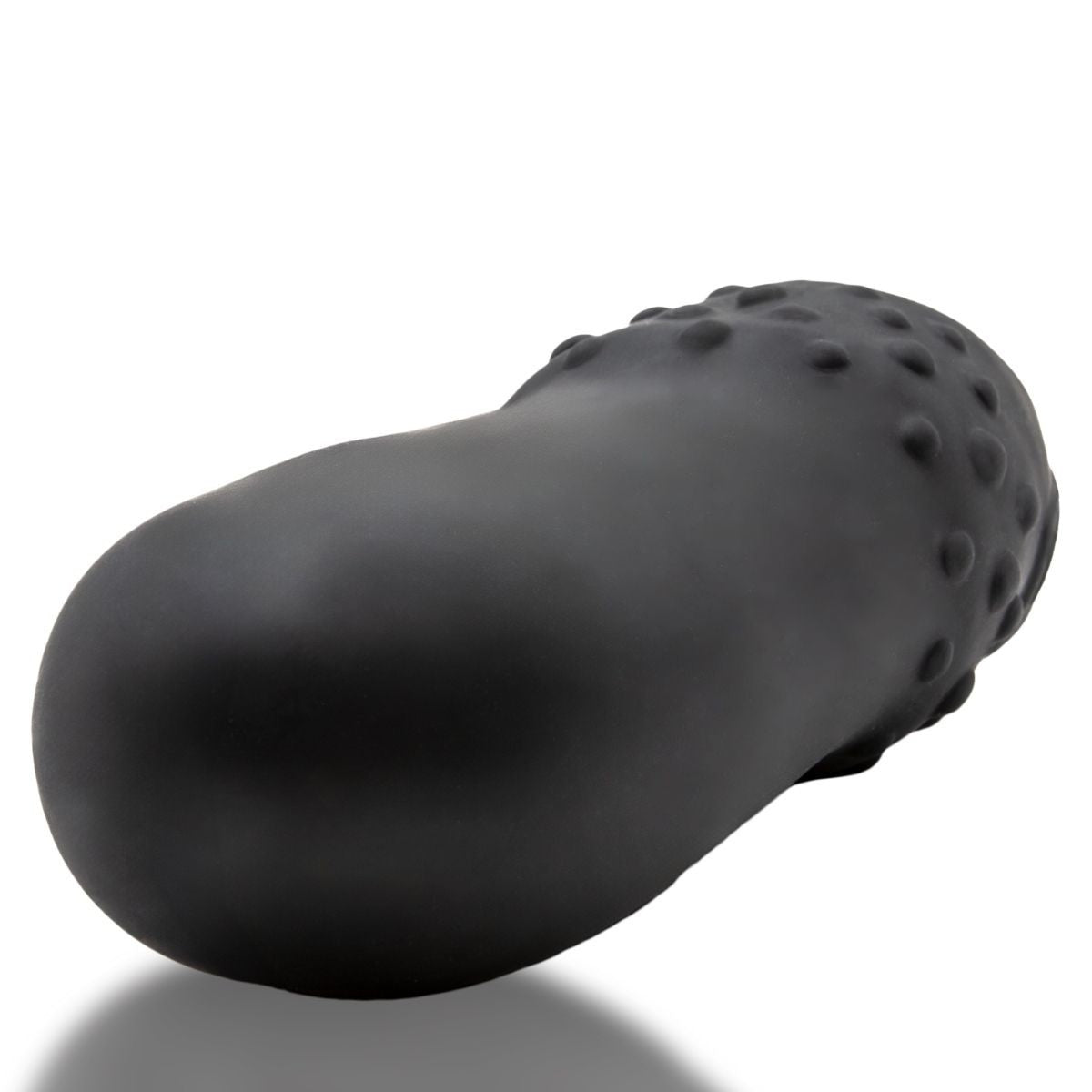 Black silicone cock sleeve with textured surface on a white background