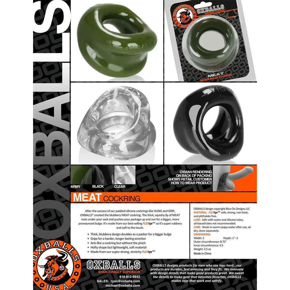 Promotional image of OxBalls meat cockrings in green, clear, and black with packaging and branding.
