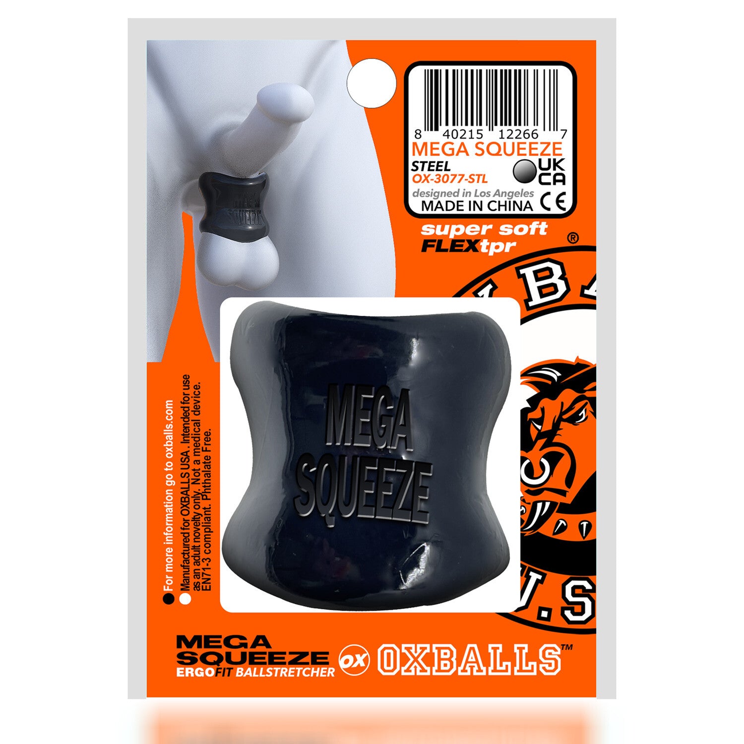 Mega Squeeze cock ring packaging with branding and product image.