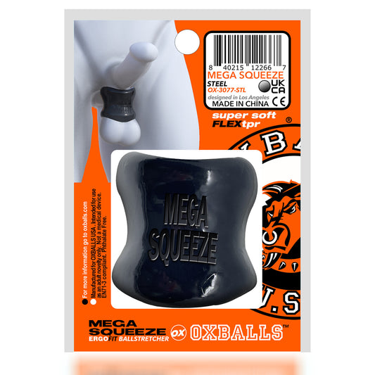 Mega Squeeze cock ring packaging with branding and product image.