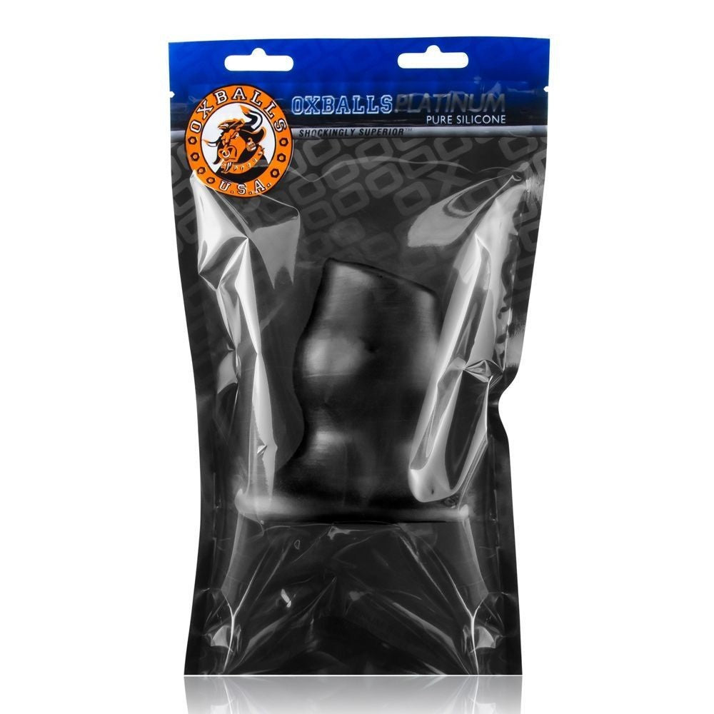 Black silicone product in clear packaging with OxBalls branding on a white background