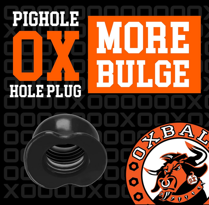 Black hole plug with 'Pighole Ox Hole Plug' text and 'OxBall' logo on a black background.