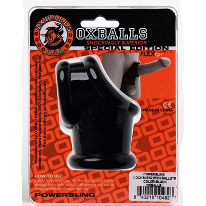 Black cock-sling with ballstrap on a branded packaging