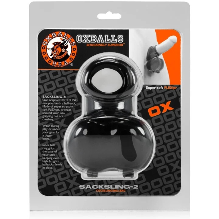 Black cock ring in packaging with 'OX Balls' branding on a white background