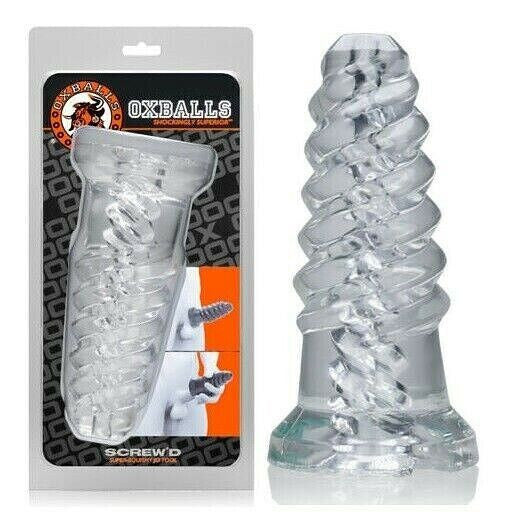 Clear silicone screw-on male chastity device with packaging displaying brand logo and product image.
