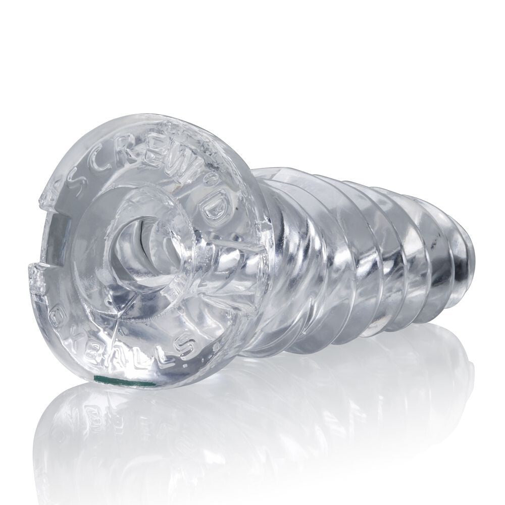 Clear silicone screw-on device with 'Screw'd branding on a white background