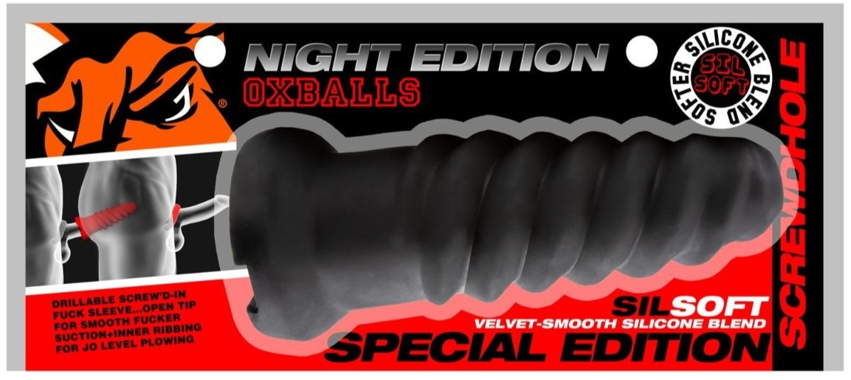Silicone screw-on male enhancement device packaging with 'Night Edition' branding.