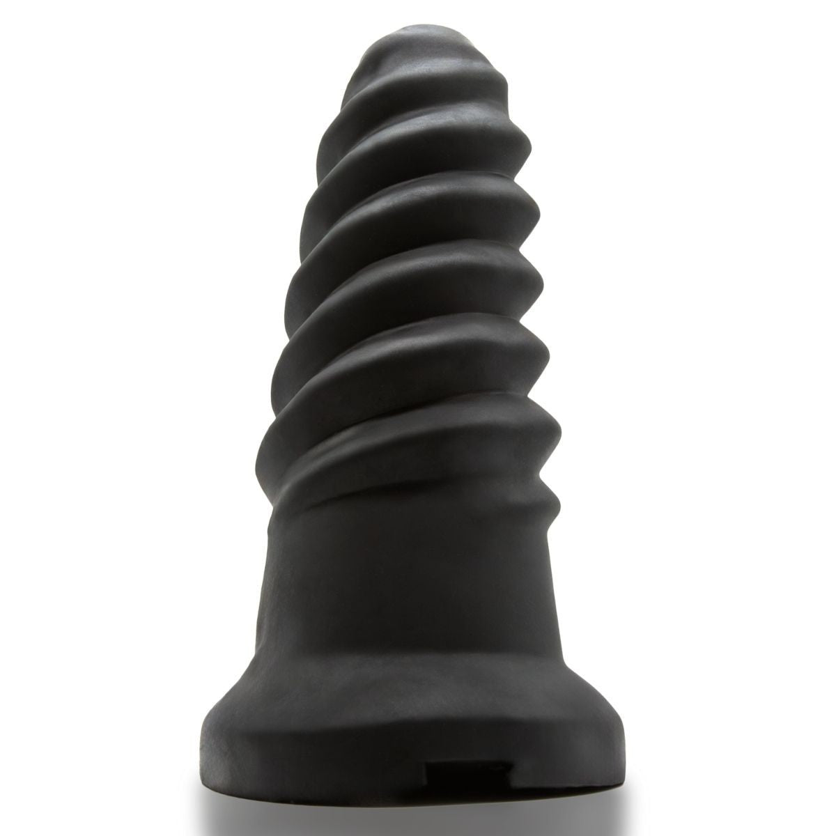 Black silicone butt plug on a white background
