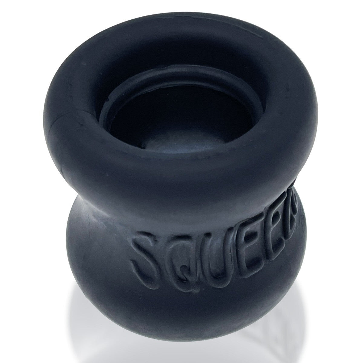 Black silicone cock ring testicle stretcher with 'SQUEEZE' branding on a white background