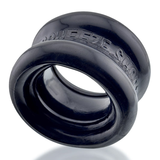 Black rubber testicle cock ring with 'Squeeze' branding on a white background