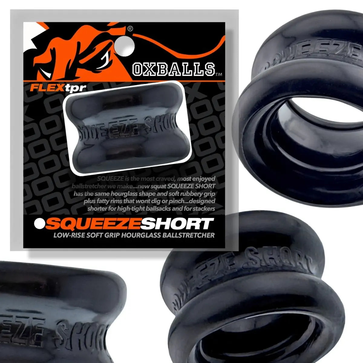 Black ball stretcher with packaging labeled 'OXBALLS' on a white background