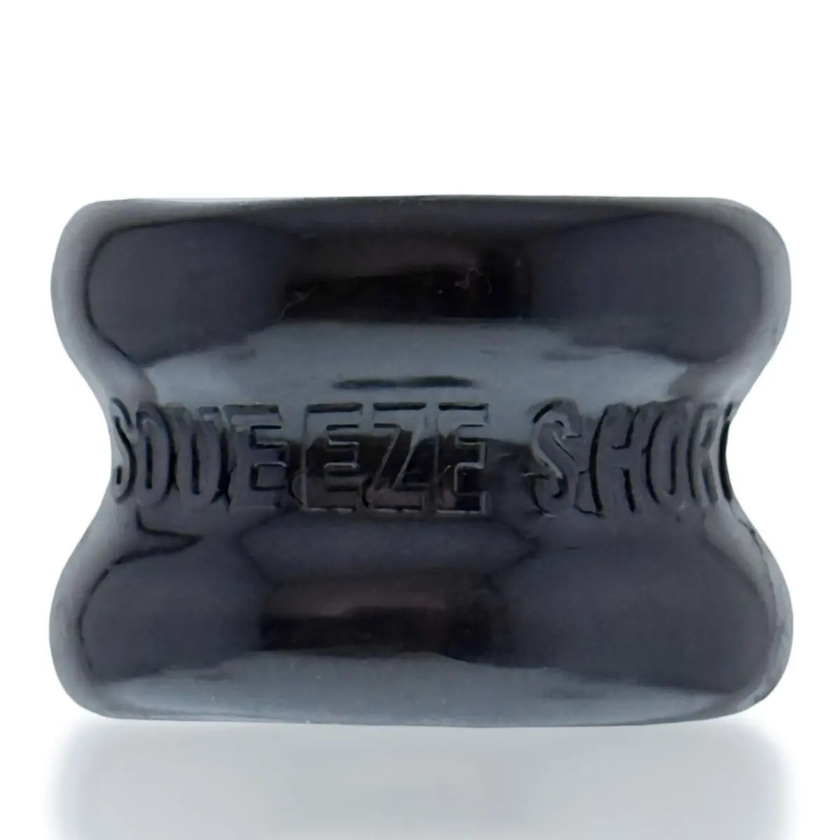 Black cock testicle ring with 'Squeeze Short' branding on a white background