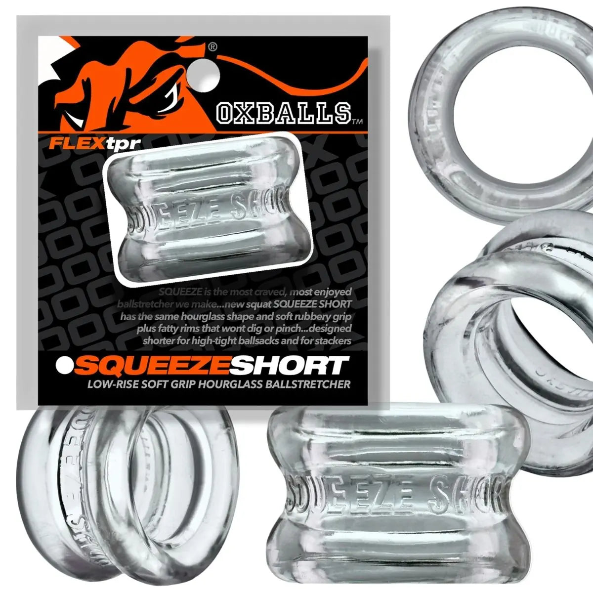 Clear silicone ball stretcher with packaging displaying 'OXBALLS' branding.