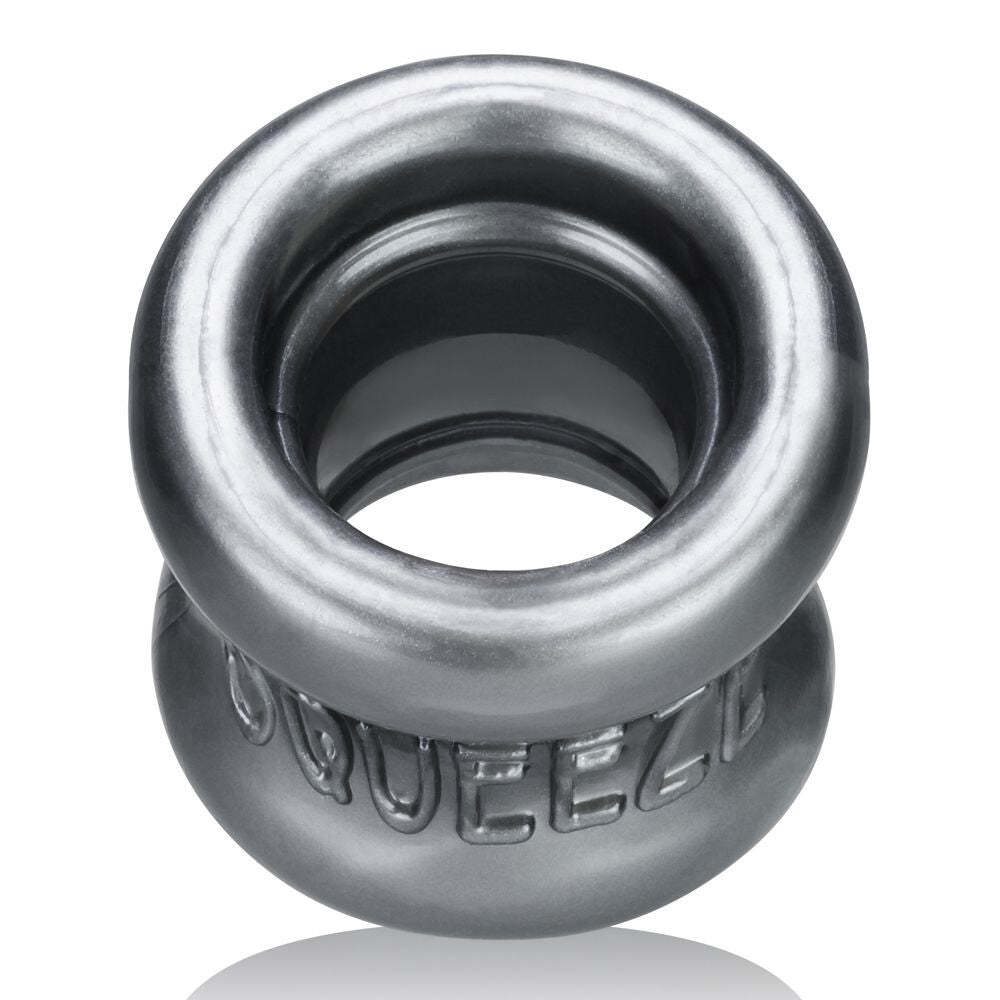 Metallic ring with 'Oxballs Squeeze' branding on a white background