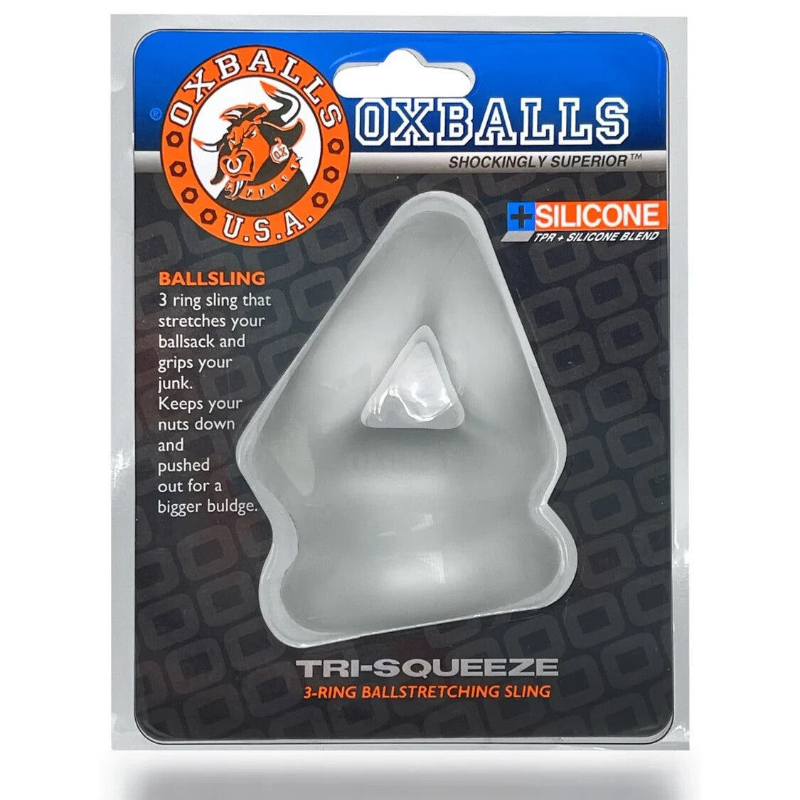 Silicone product packaging with 'OXBALLS' branding on a white background