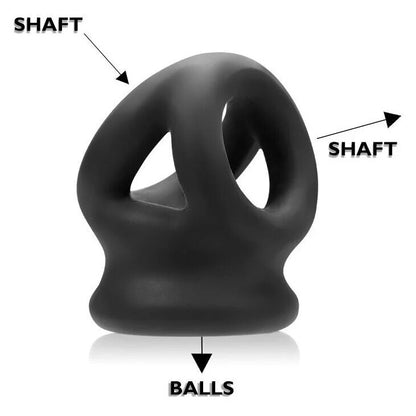 Black silicone cock ring with labeled 'shaft' and 'balls' on a white background