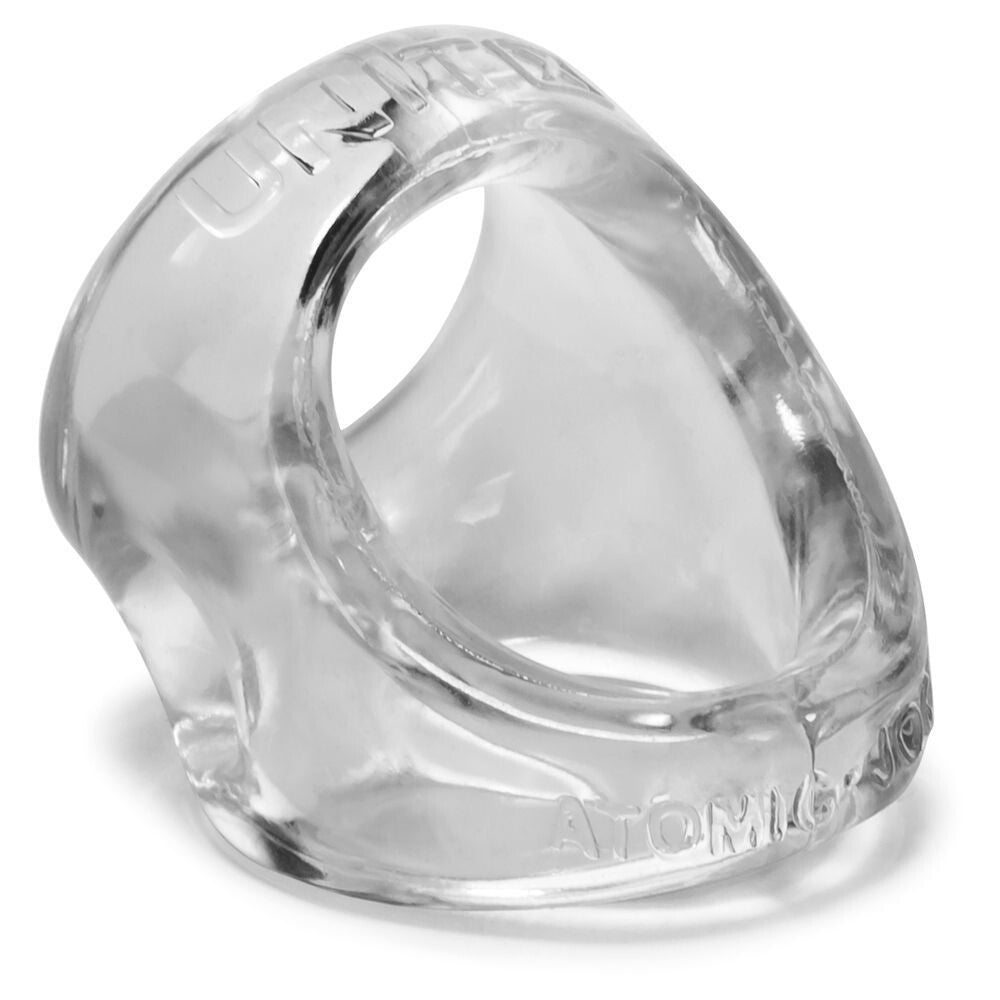 Clear silicone cock ring with branding on a white background