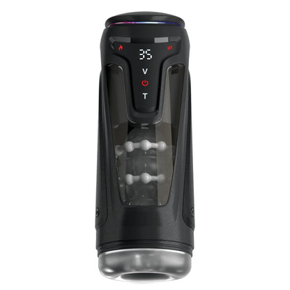 Black electronic warming masturbator with digital display on a white background
