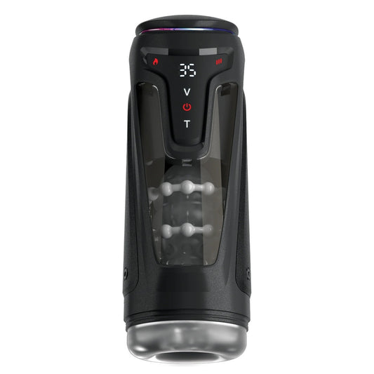 Black electronic warming masturbator with digital display on a white background