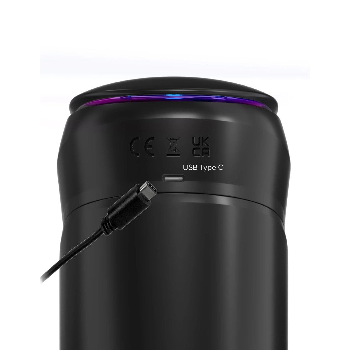 Black electronic device with USB Type C connection on a white background