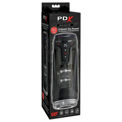 PDX Elite Pro handheld power masturbator in packaging on a white background