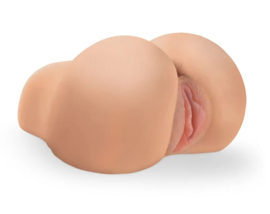 Silicone masturbator shaped like a female mass and pussy on a white background