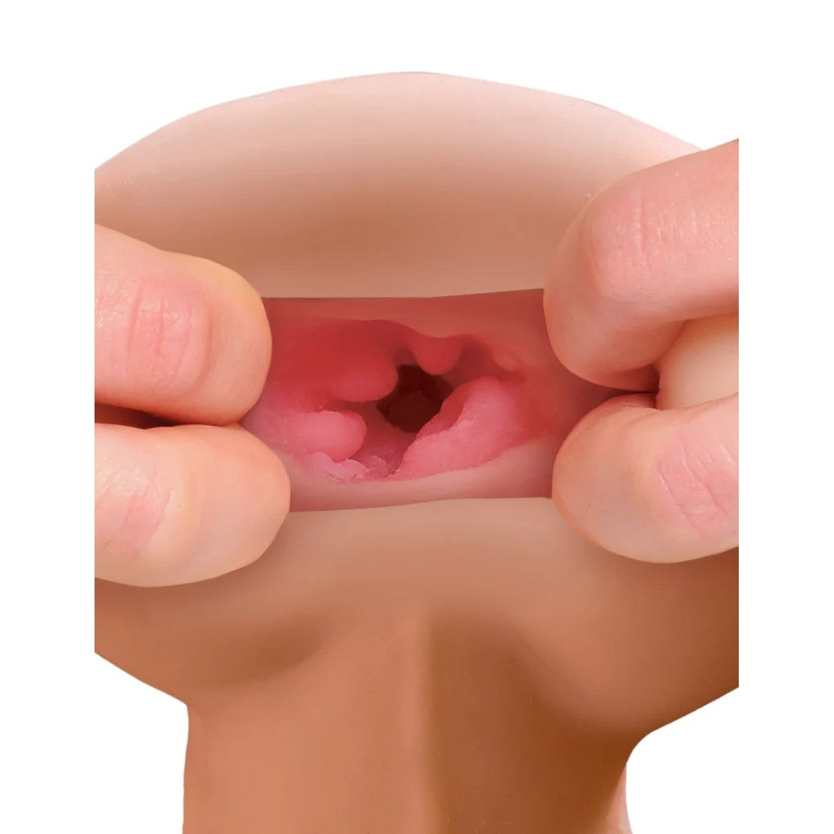 Close-up of a person holding an anus open to reveal the inside.