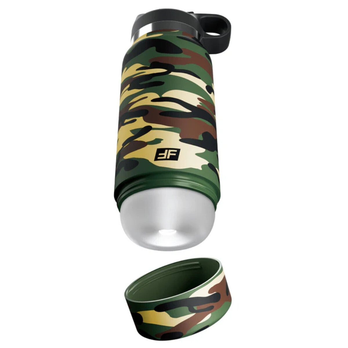 Camouflage-patterned stealth masturbator with a silver cap on a white background