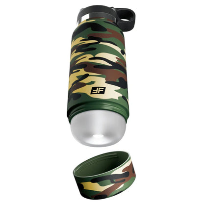 Camouflage-patterned stealth masturbator with a silver cap on a white background