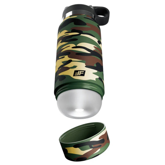 Camouflage-patterned stealth masturbator with a silver cap on a white background