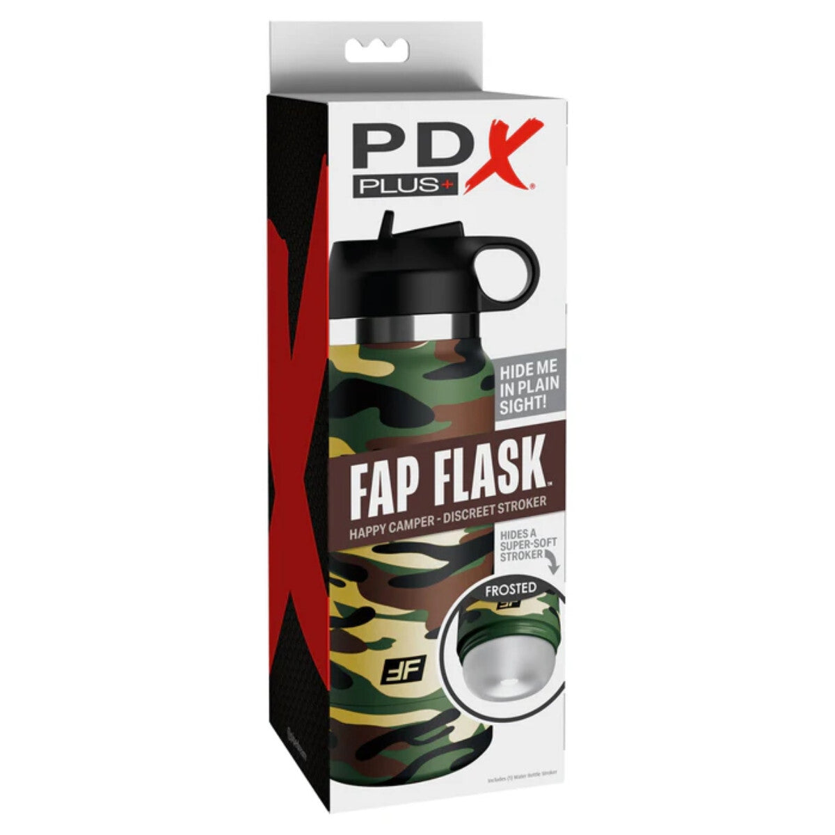 Camouflage flask packaging with 'PDX Plus' branding on a white background