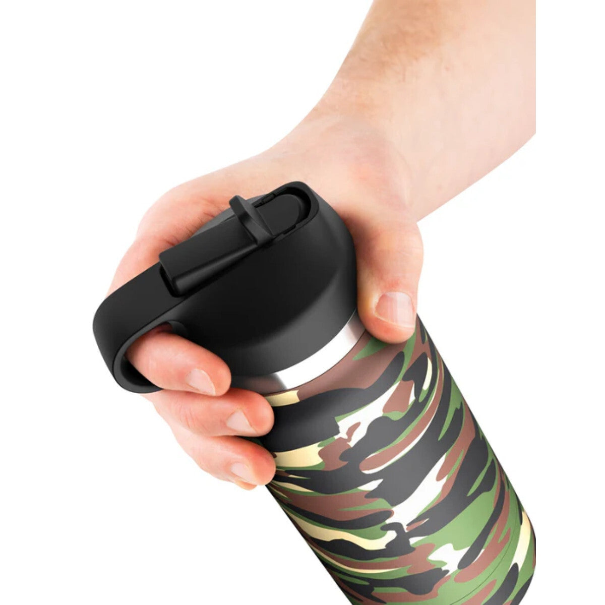Hand holding a camouflage-patterned water bottle with a black lid on a white background