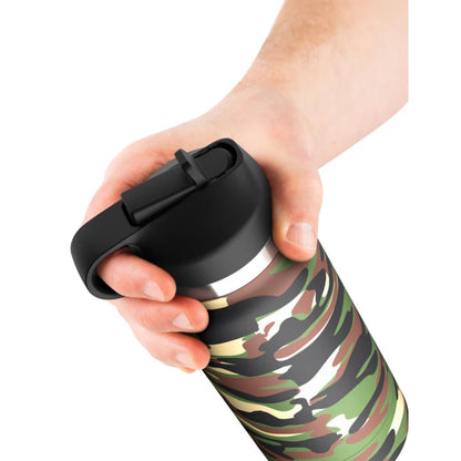 Hand holding a camouflage-patterned water bottle with a black lid on a white background