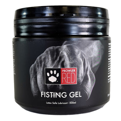 Black container of Prowler Red Fisting Gel on a white background