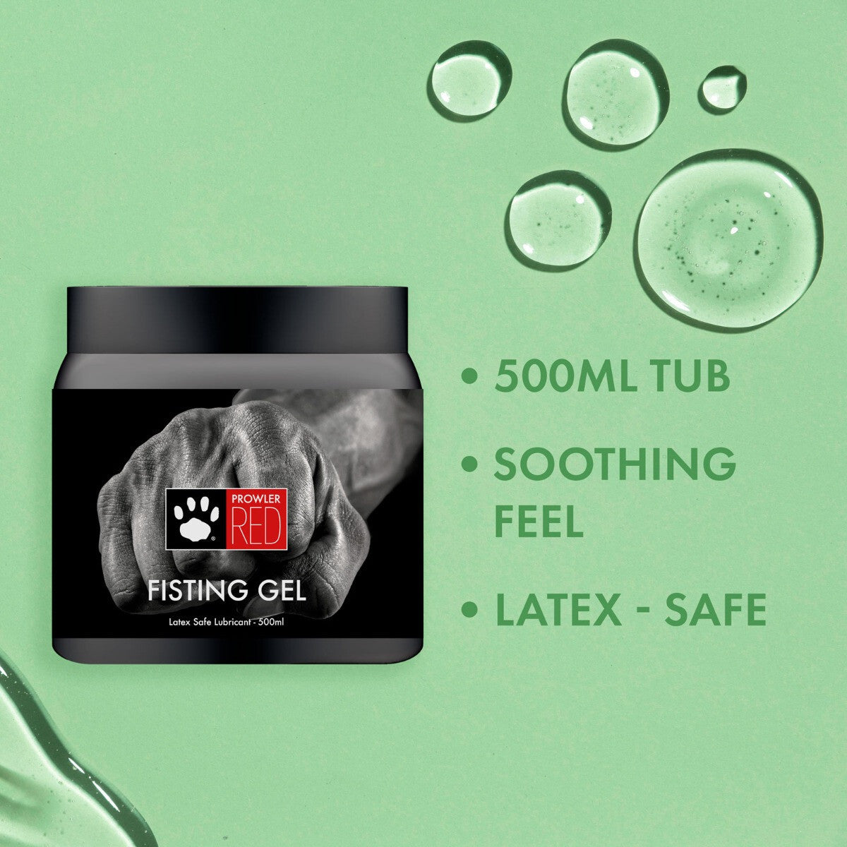 Fisting gel container with product details on a green background