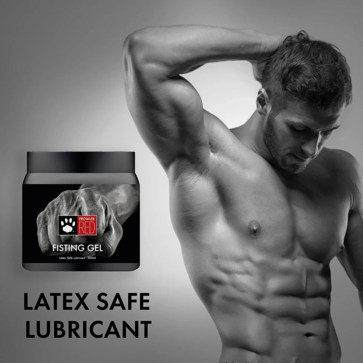 Man flexing muscles with a jar of Power Red Fisting Gel on a gray background