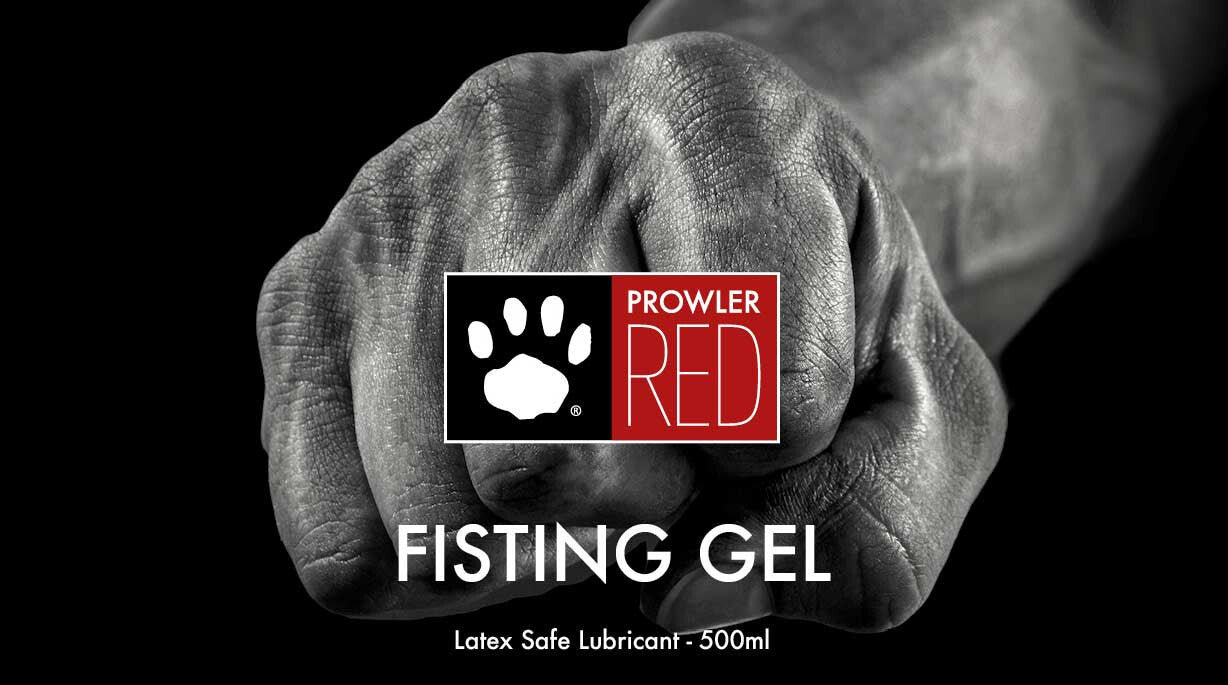 Fist holding a container of Prowler Red Fisting Gel with a black background