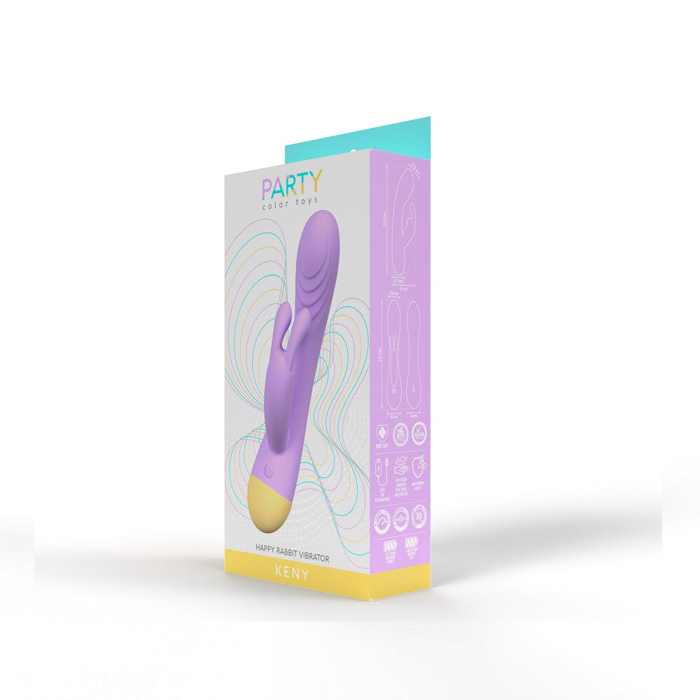 Purple toy with packaging labeled 'Party' on a white background