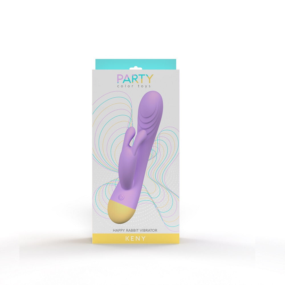 Purple and gold sex toy with 'Party Toys' packaging on a white background