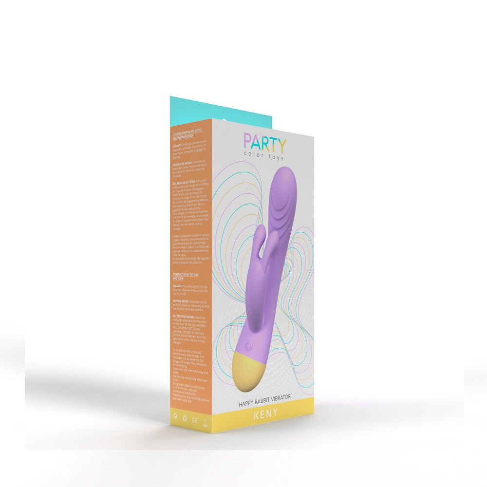 Purple sex toy with packaging labeled 'Party' on a white background