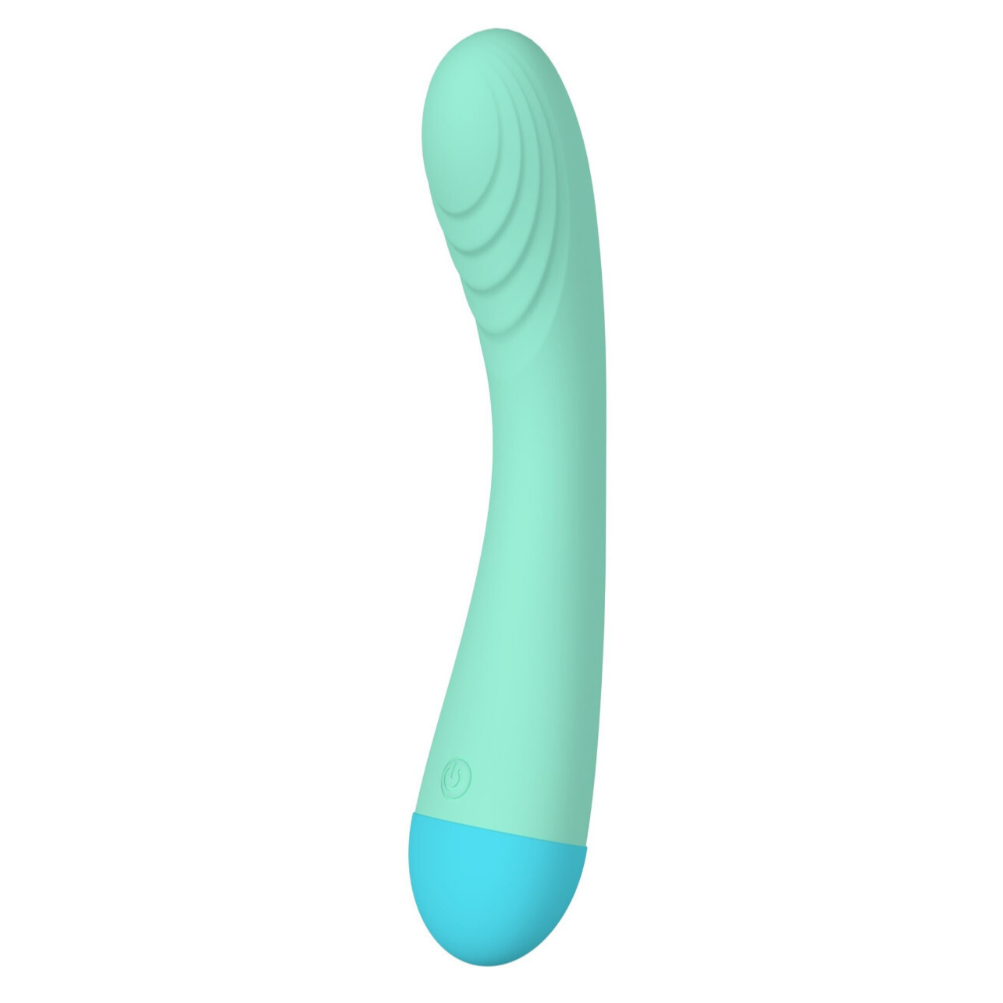 Mint green and blue handheld G-spot massager on a white background