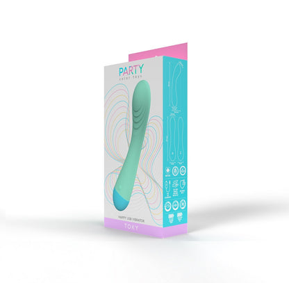 Package of a green electronic device with 'Party' branding on a white background