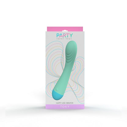 Package of a green USB vibrator with 'Party' branding on a white background