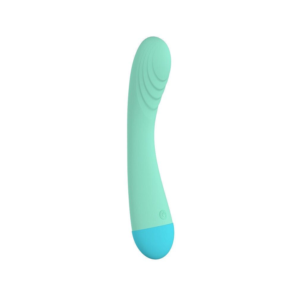 Turquoise and blue handheld massager on a white background