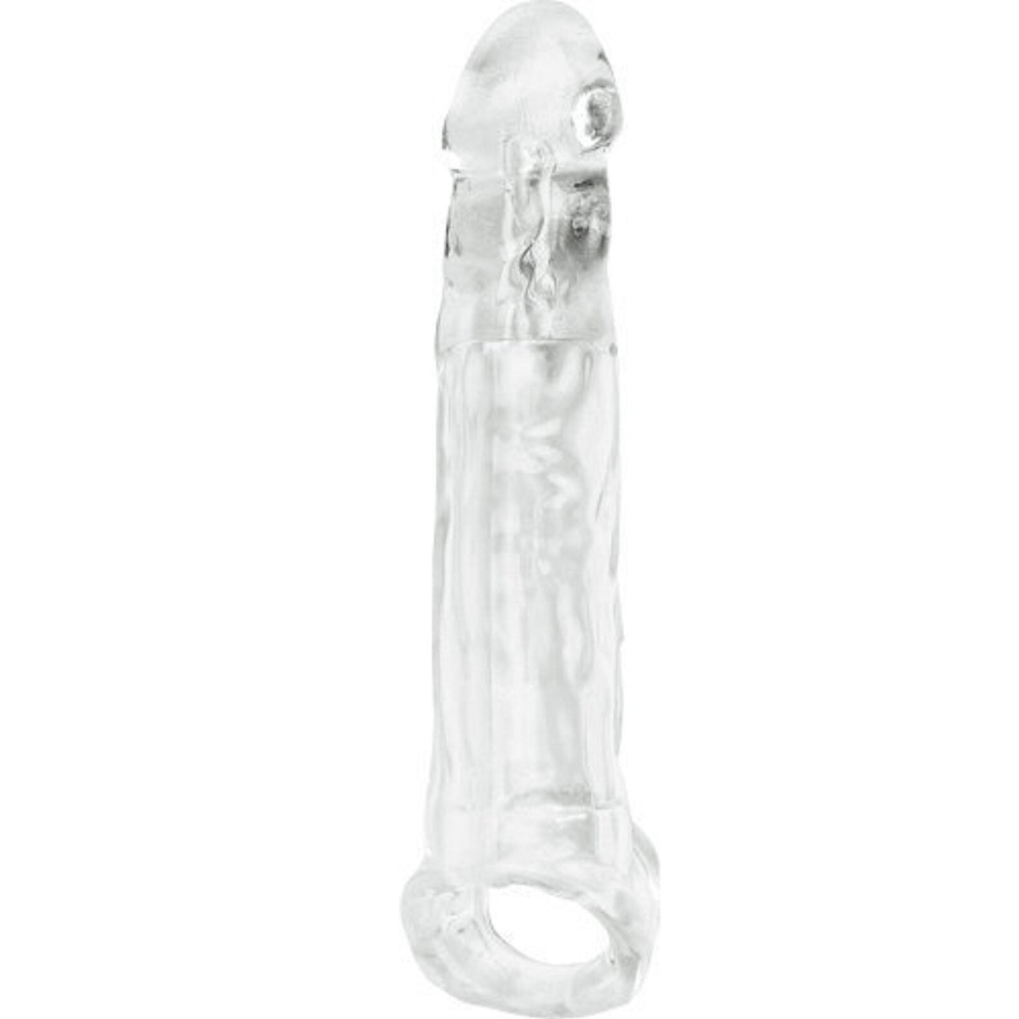 Clear penis extender sleeve on a white background