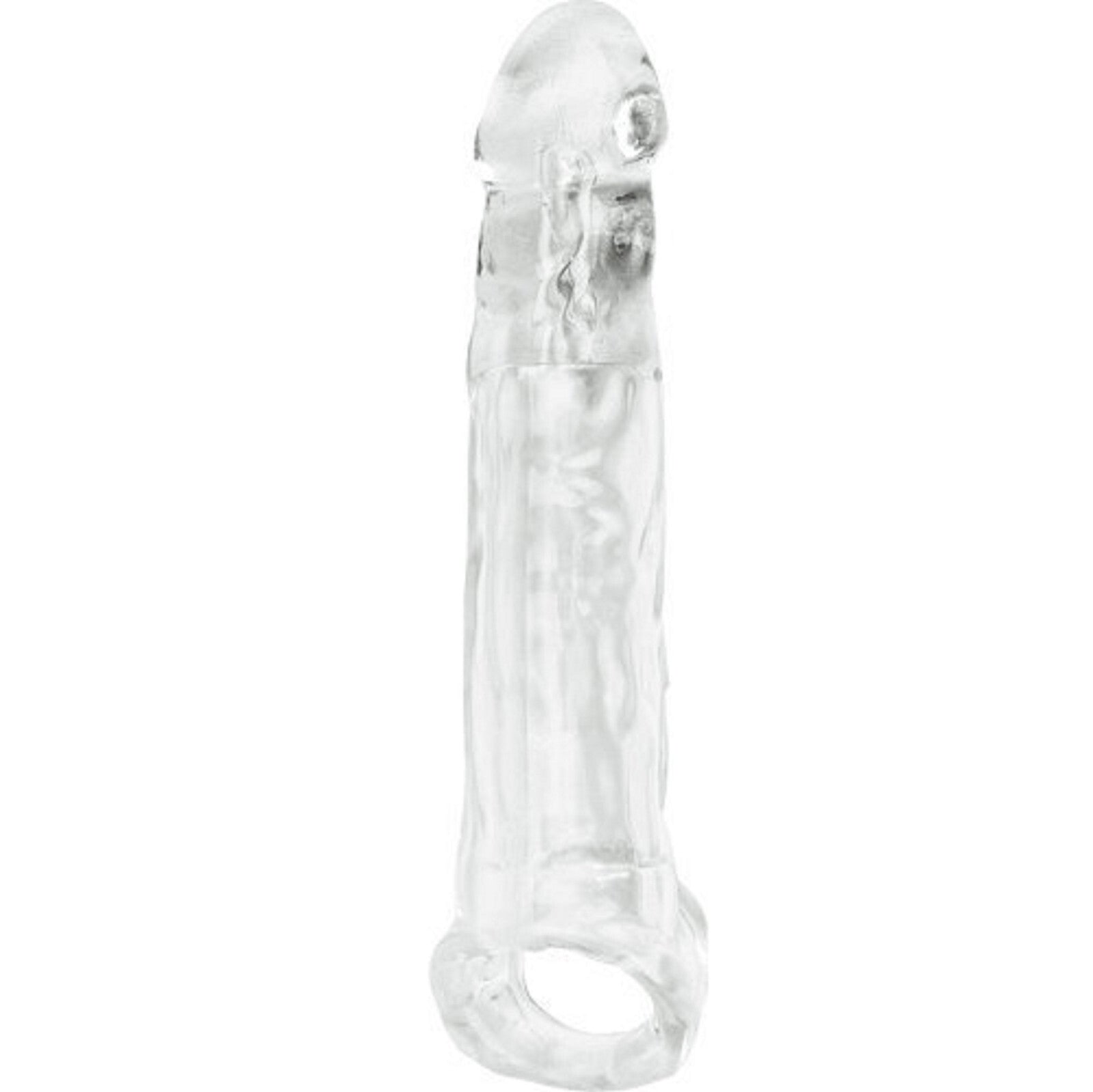 Clear penis extender sleeve on a white background