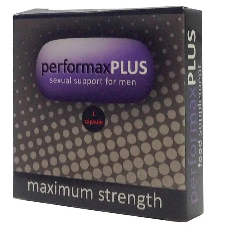 Box of Performax Plus sexual support supplement for men on a white background